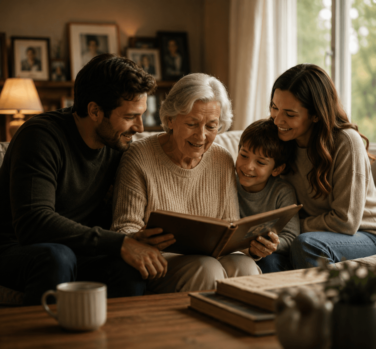 Family sharing a photo album together