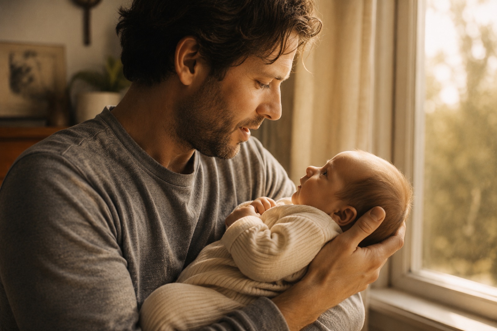 A father holding his newborn by a sunlit window