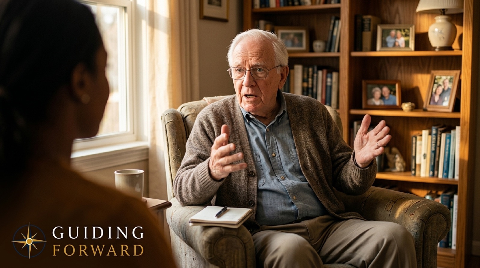 An older man telling a story to a listener in his study