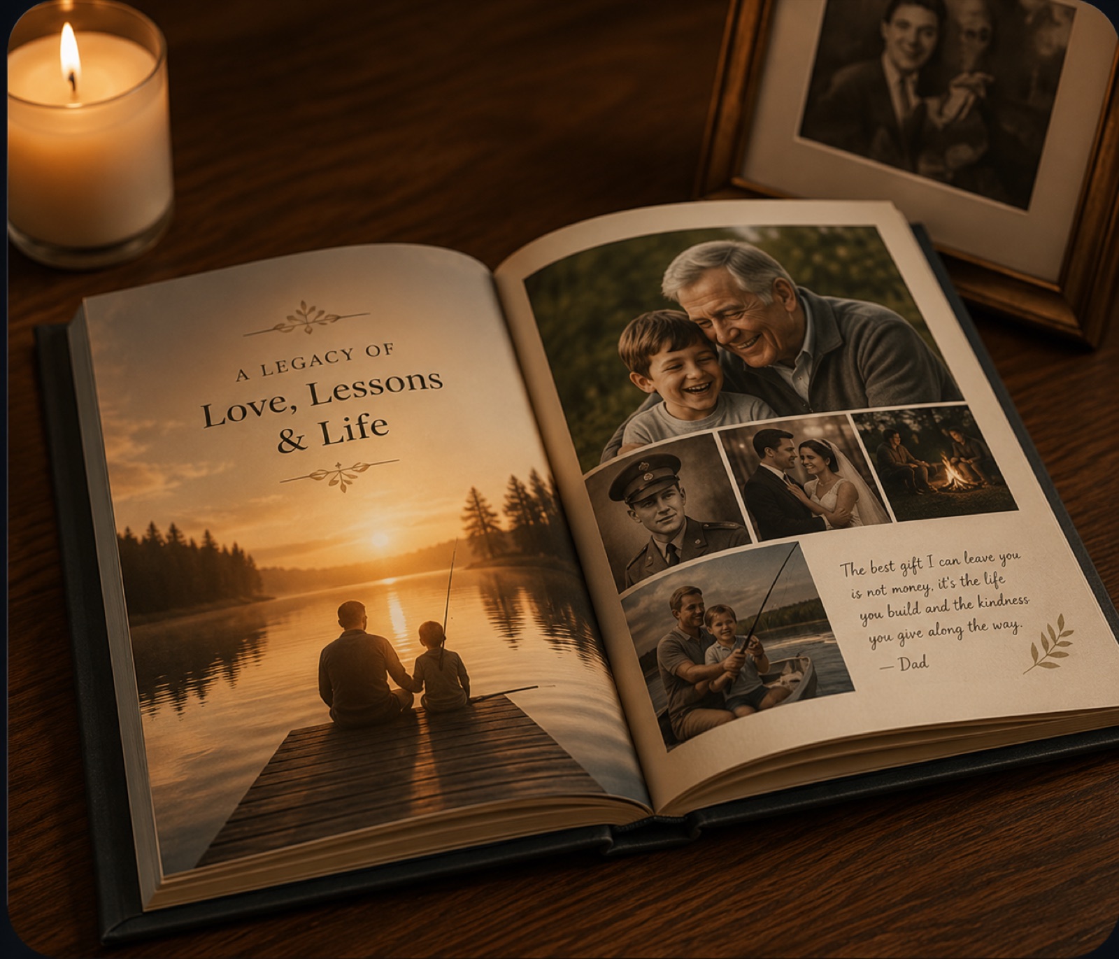 An open legacy book beside a candle and a framed family photograph