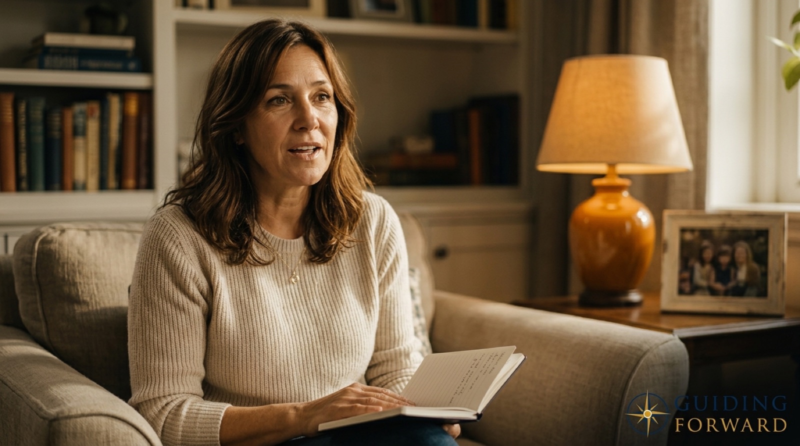 A woman speaking while holding an open notebook in a warm living room